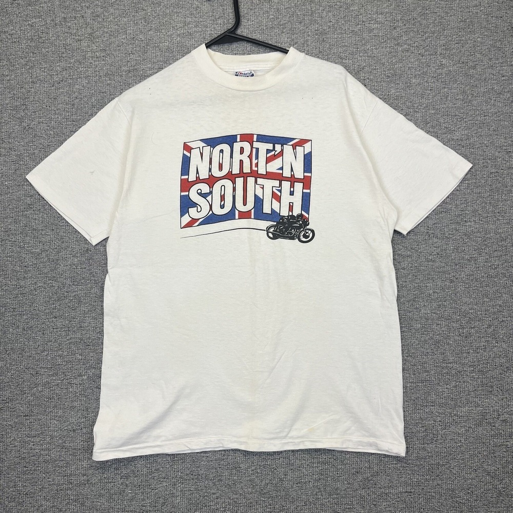 Vintage 80s Norton Motorcycles Shirt Union jack Biker White Hanes Beeefy Mens M